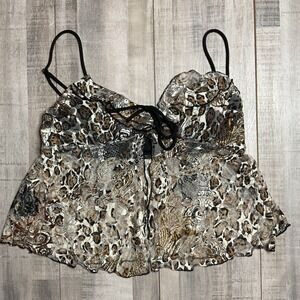 Good Days Project Leopard Paisley Mesh Tie Front Babydoll Camisole Top Large